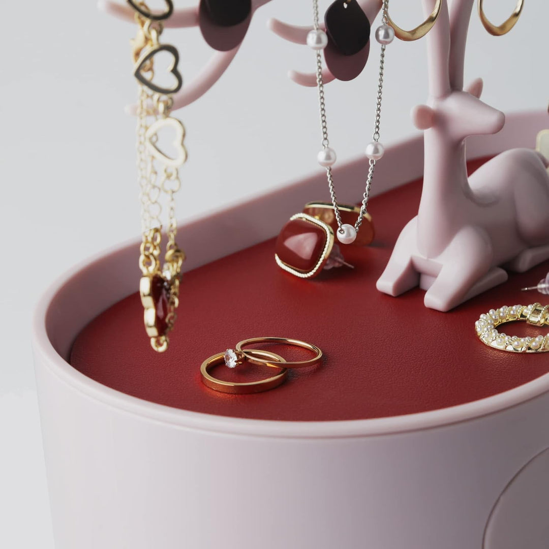 MORE&amp;LESS Rotes Kunstleder Roter Kristall Griff Hirsch Ornament Display Rack Ring Ohrringe Halskette