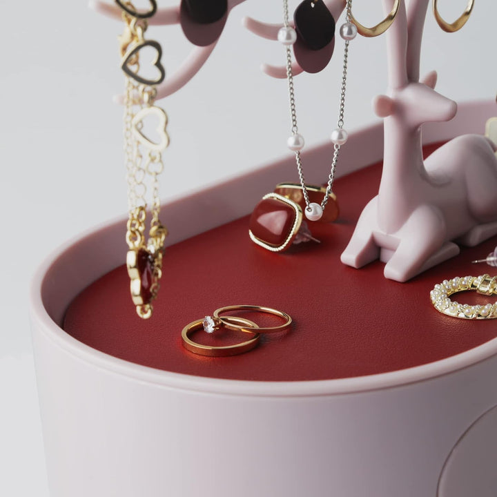 MORE&amp;LESS Rotes Kunstleder Roter Kristall Griff Hirsch Ornament Display Rack Ring Ohrringe Halskette
