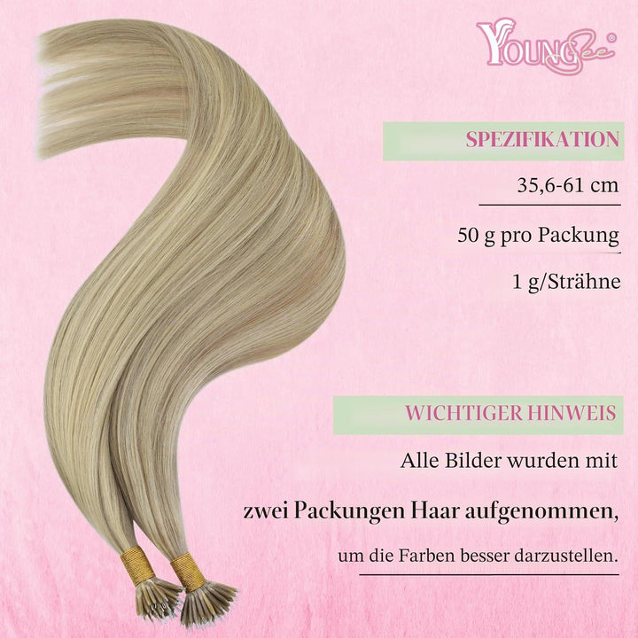 YoungSee Nano Extensions Echthaar Blond 55 cm Nanoring Extensions Echthaar Gesträhnt Goldblond Mit B