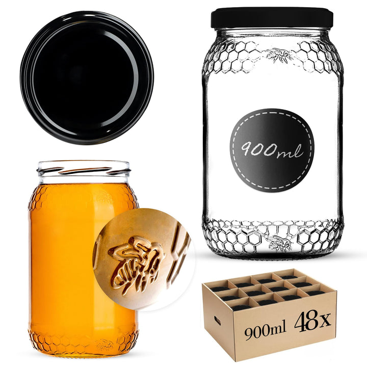 KADAX 48er Set Einmachgläser 900ml TO82 Schwarz, Grosse Sturzgläser mit Schraubdeckel, Einkochgläser