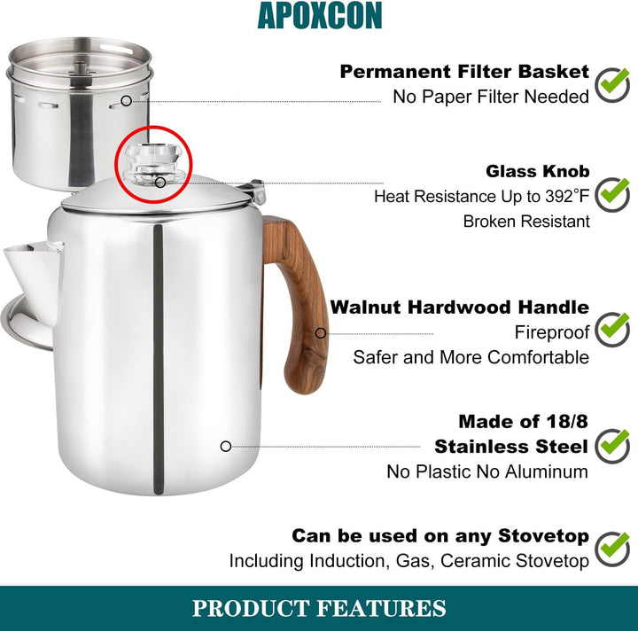 APOXCON Kaffee-Perkolatorkanne aus Edelstahl mit robustem Glasknopf und behandeltem Massivholzgriff