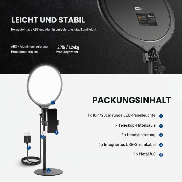 NEEWER Basics 10,5" Desk Ring Light w Stand/Phone Holder/Timer, Full Screen 15W Dimmable LED Selfie