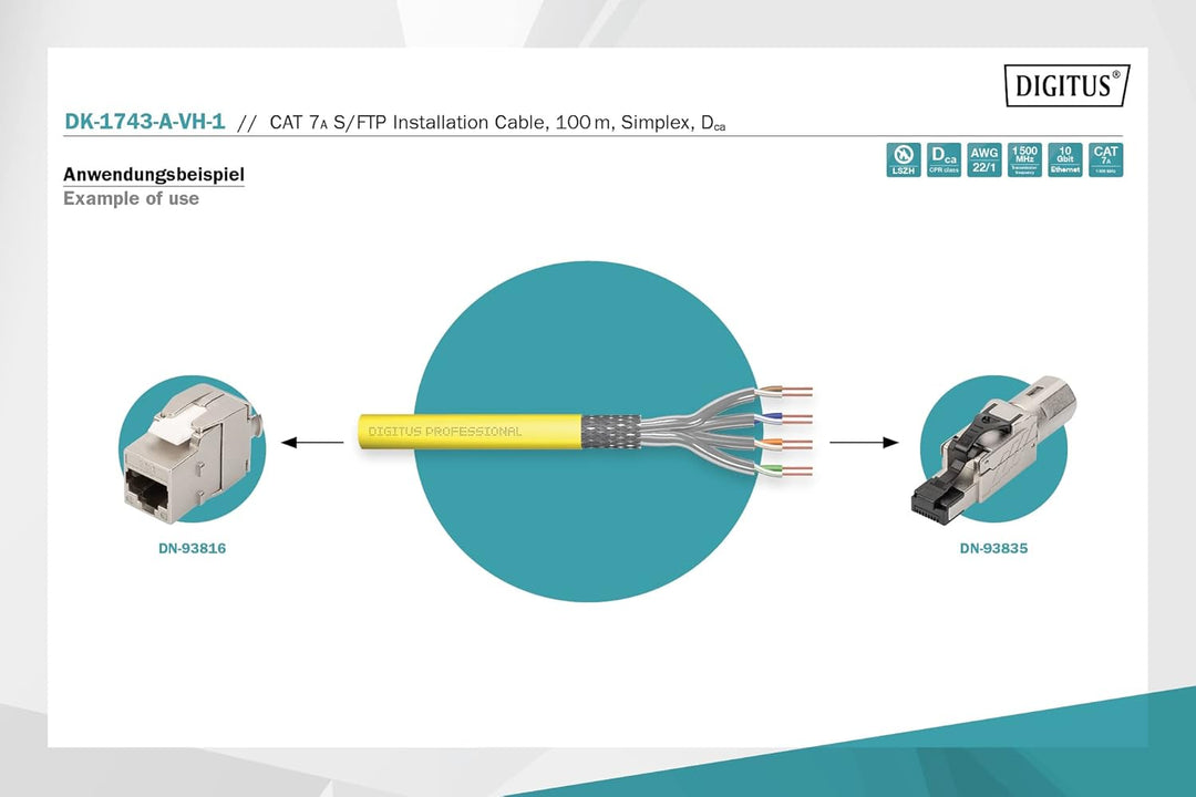 DIGITUS Netzwerkkabel Cat 7A – 100 m – S/FTP Simplex – BauPVO Dca Dca 100 m (Simplex), Dca 100 m (Si