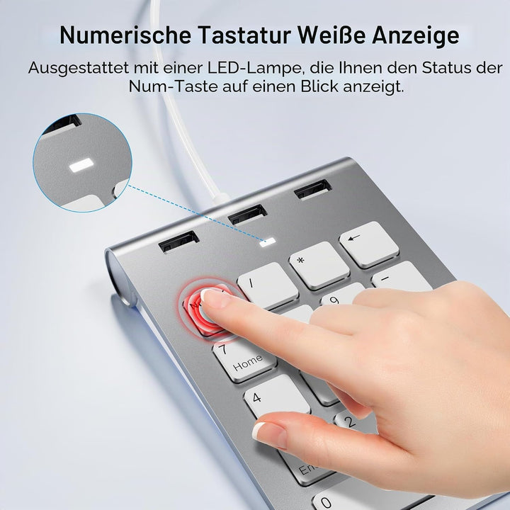 Numeric Keypad Wired Numpad, USB A/USB C Ziffernblock Ergonomischer Mini Nummernblock mit 3 USB 2.0