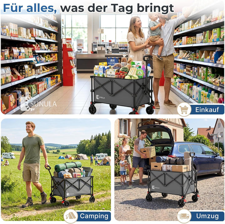 SUNULA Bollerwagen 120 L – 4-seitig zusammenfaltbarer Handwagen klappbar Grau 120L, Grau 120L