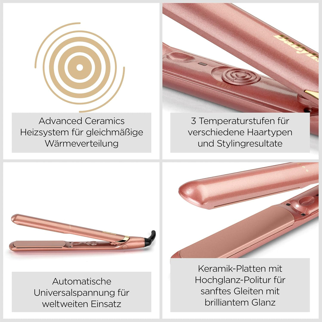 BaByliss Rose Gold Glätteisen - Keramikplatten für glattes Styling, Universalspannung für weltweiten