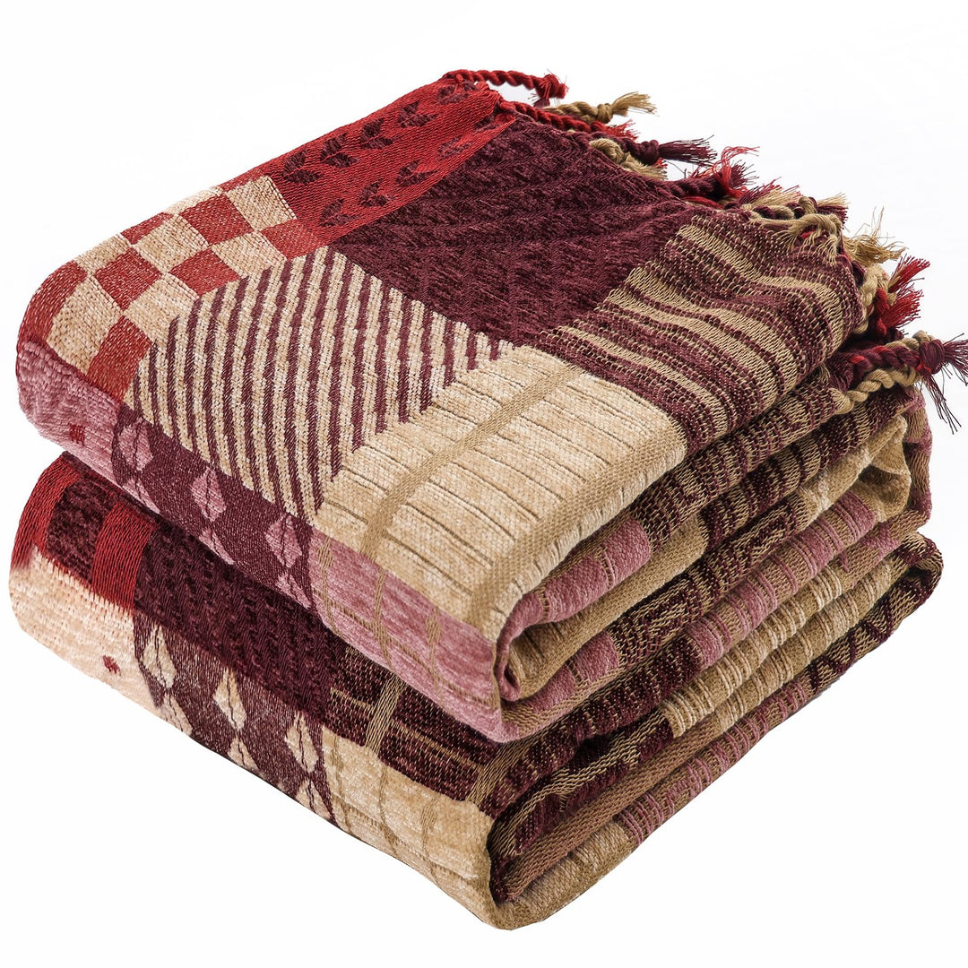 HOORDRY Chenille Gewebte Decke,Patchwork Doppelseitig Überwurf Rot 220 x 260 cm, Rot 220 x 260 cm