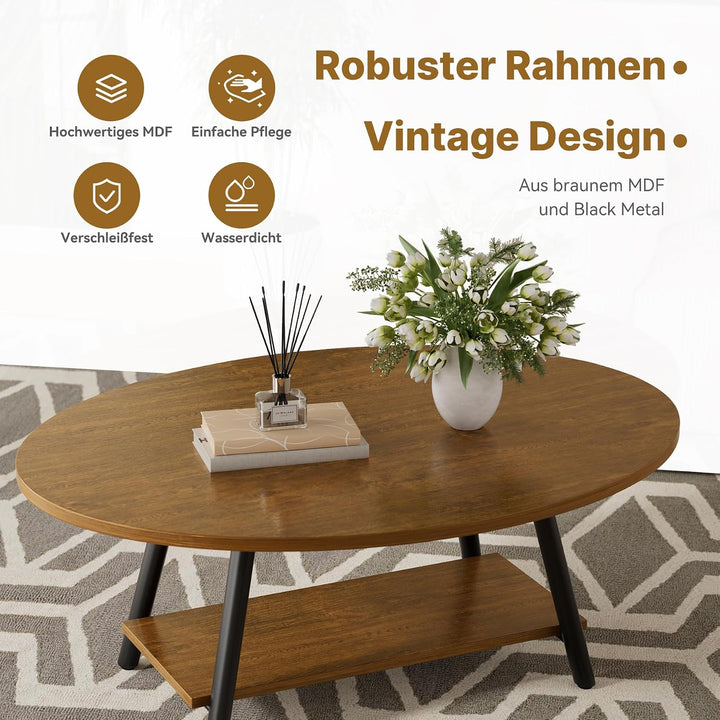 Runde Beistelltisch 2-Tier Couchtisch Tisch mit Stauraum Moderner Massivholztisch Metallrahmen für W