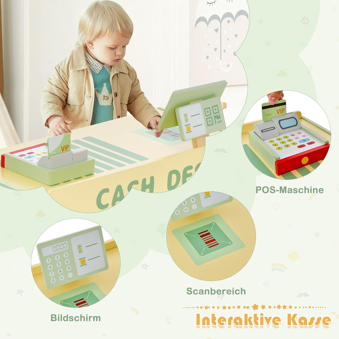 DREAMADE Kasse Kaufladen Kinder, Kaufmansladen Holz mit realistischer Kasse &amp; Verkaufsautomat, Spiel