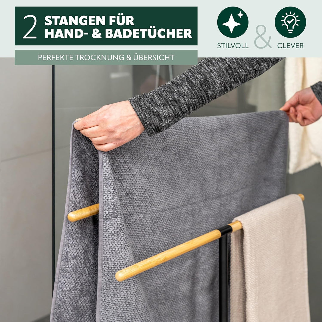 eluno Stand-Handtuchhalter freistehend, 2 Stangen, Handtuchständer, Bambus/Metall (Schwarz), Schwarz