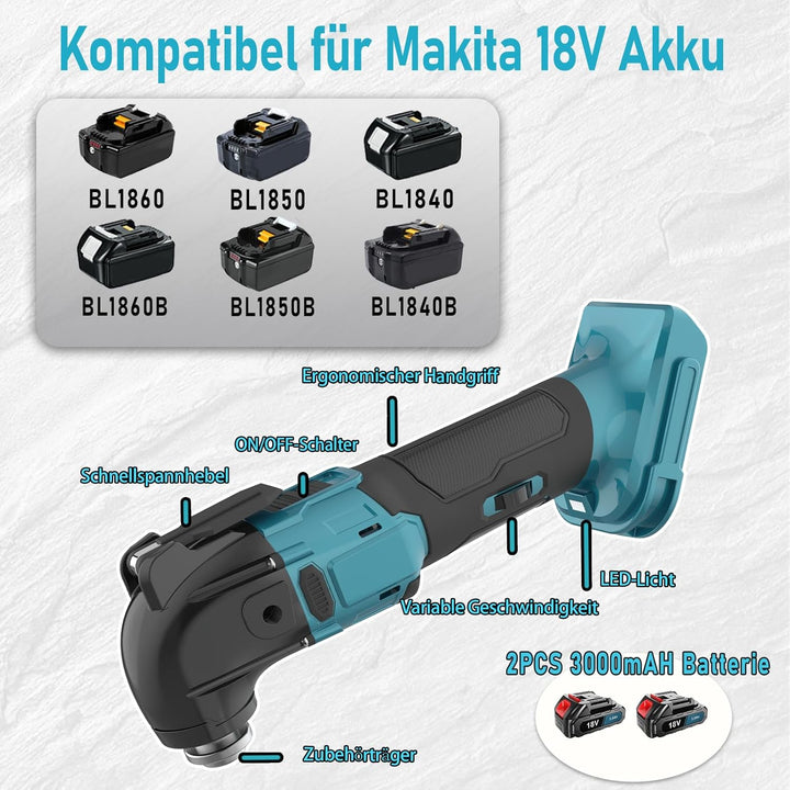 Multifunktionswerkzeug mit 2 * 3000 mAh Akku, Oszillationswerkzeug für Makita, 22pcs Zubehör, 6 Gesc