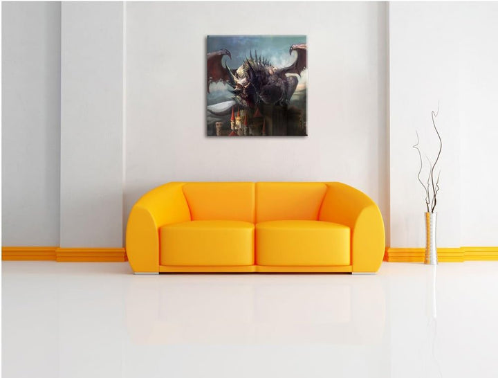 der Drache auf der Festung, Format: 70x70 auf Leinwand, XXL riesige Bilder fertig gerahmt mit Keilra