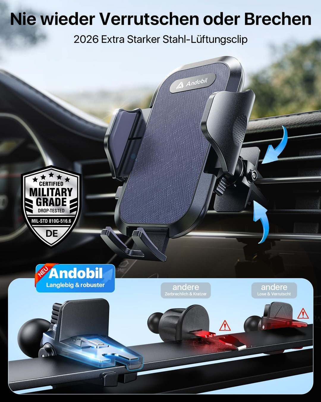 andobil Handyhalterung Auto [2025 Neueste Saugnapf] 3 in 1 Saugnapf &amp; Lüftung Halter Universale KFZ