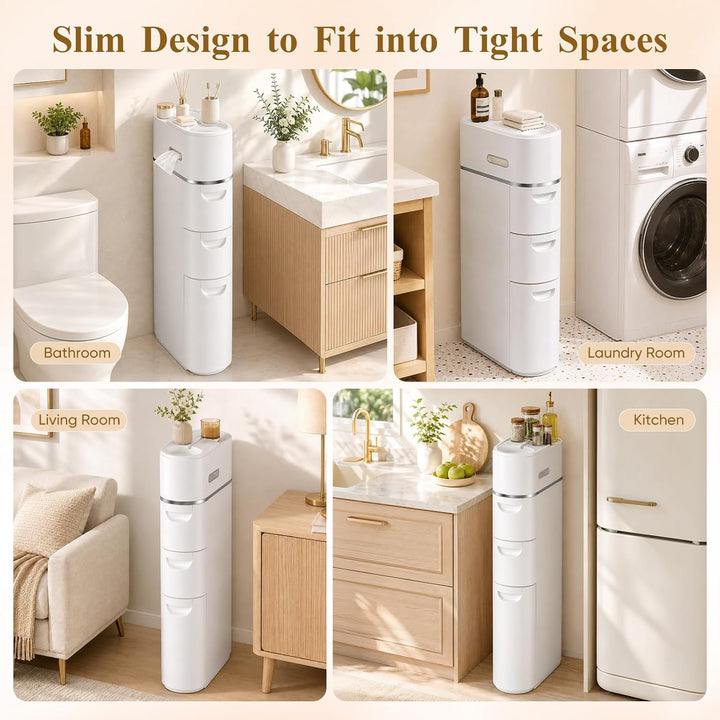 Schmale Badezimmerschrank mit Rollen, Ohne Montage, Weiss