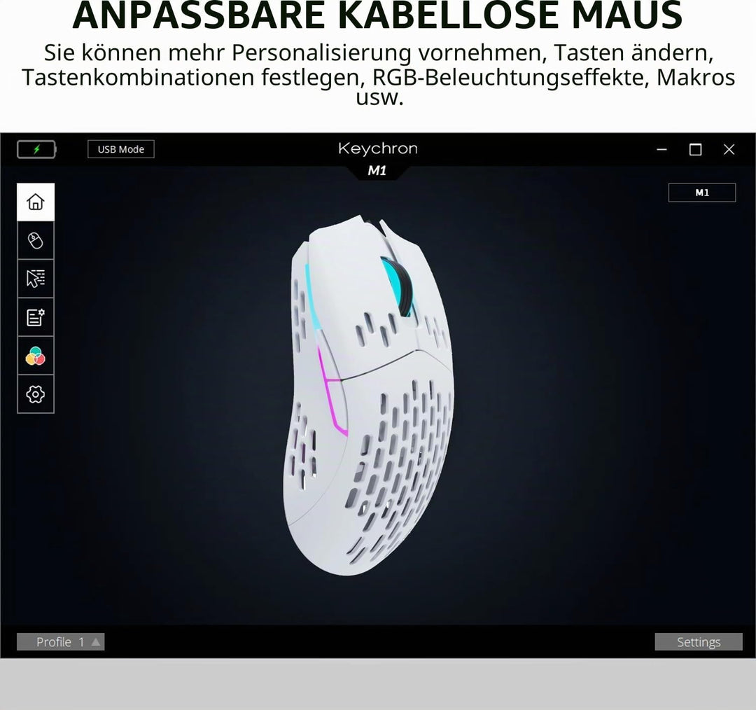 Keychron M1 Wireless Mouse, PAW3395 Sensor mit programmierbarer Makrotaste 26.000 DPI Unterstützt 2,