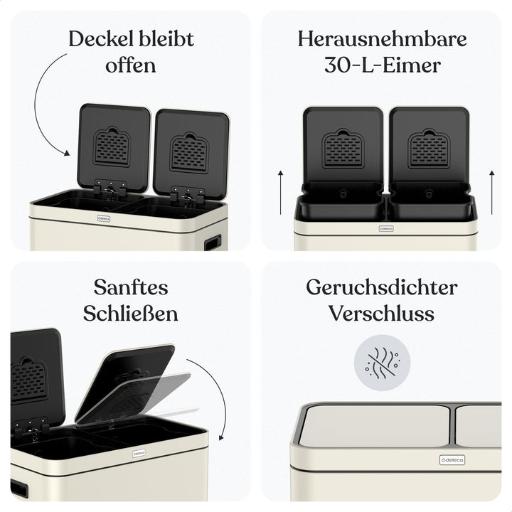 Mülleimer Küche 2 Fächer 60L – Doppelmülleimer mit FreshAura Geruchsfilter – Duo Slow Close Tretmüll