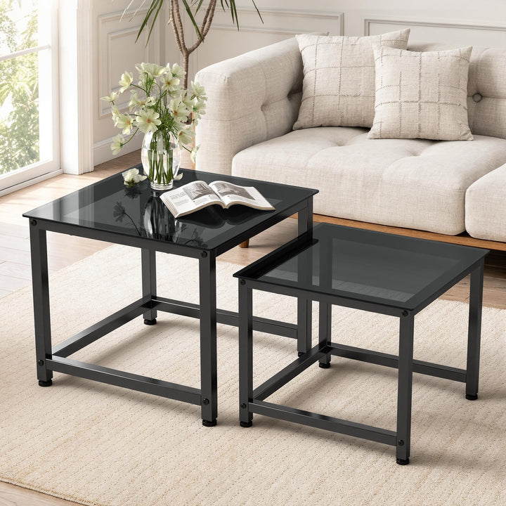 Hawthyhome 2 Stücke quadratisch Set, Couchtisch aus Glas mit Metallrahmen,Moderne Kaffeetische Satzt