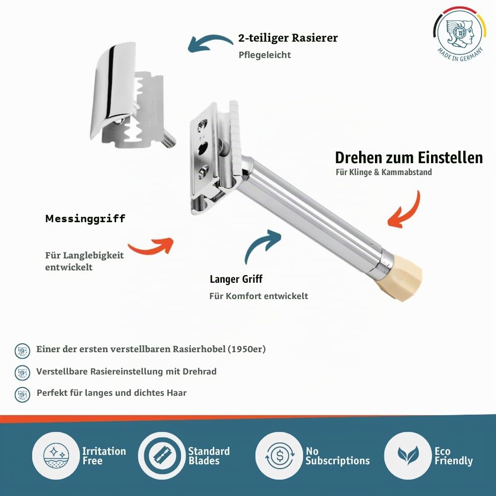 Merkur Rasierer verstellbar, Chrom-Griff, lang Silber, Silber