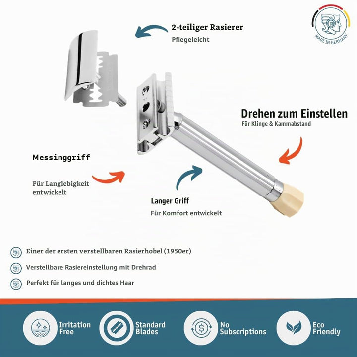 Merkur Rasierer verstellbar, Chrom-Griff, lang Silber, Silber
