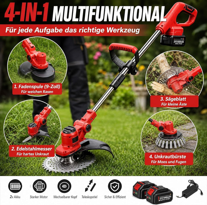 Akku Rasentrimmer mit Unkrautbürste, 21V 4,0Ah 4-in-1, Rot, Rot