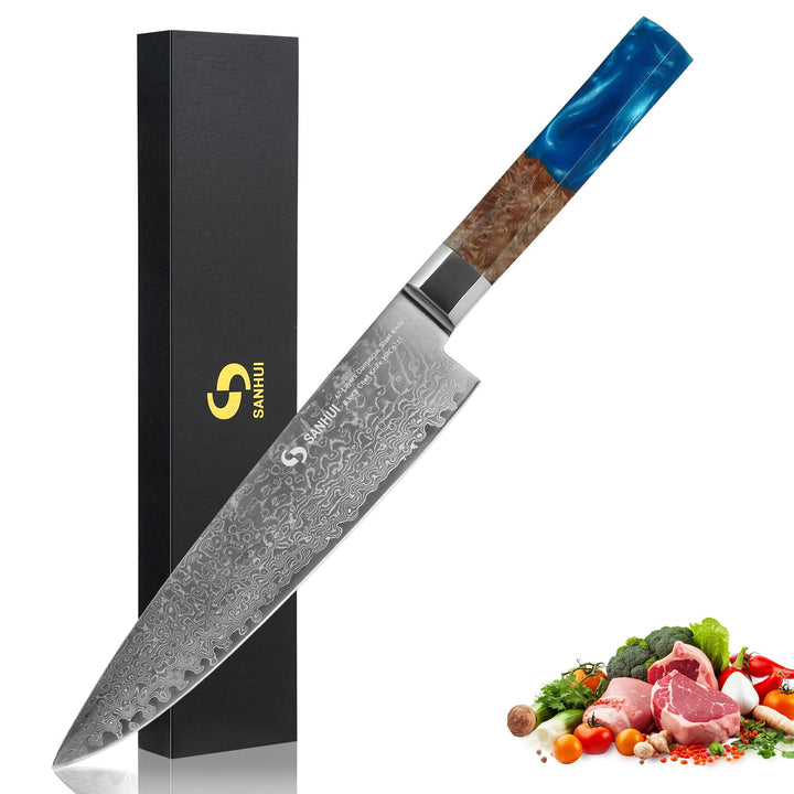 20cm Damast Küchenmesser mit Ergonomischer Blauem Harz-Holzgriff