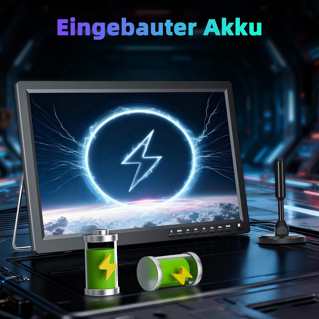DESOBRY Tragbarer Fernseher 15,6 Zoll 1080P | DVB-T2, USB HDMI AV-Eingang, 12V TV Mit Akku für Campi