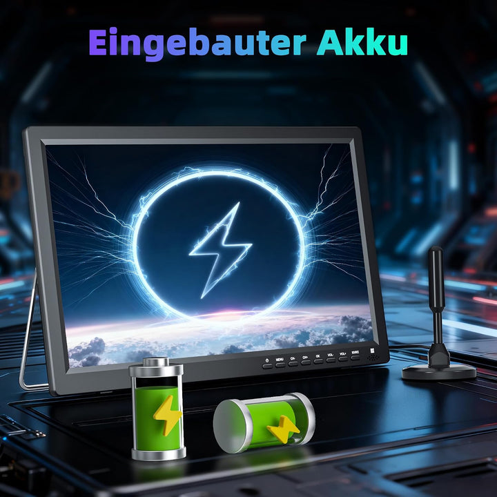 DESOBRY Tragbarer Fernseher 15,6 Zoll 1080P | DVB-T2, USB HDMI AV-Eingang, 12V TV Mit Akku für Campi