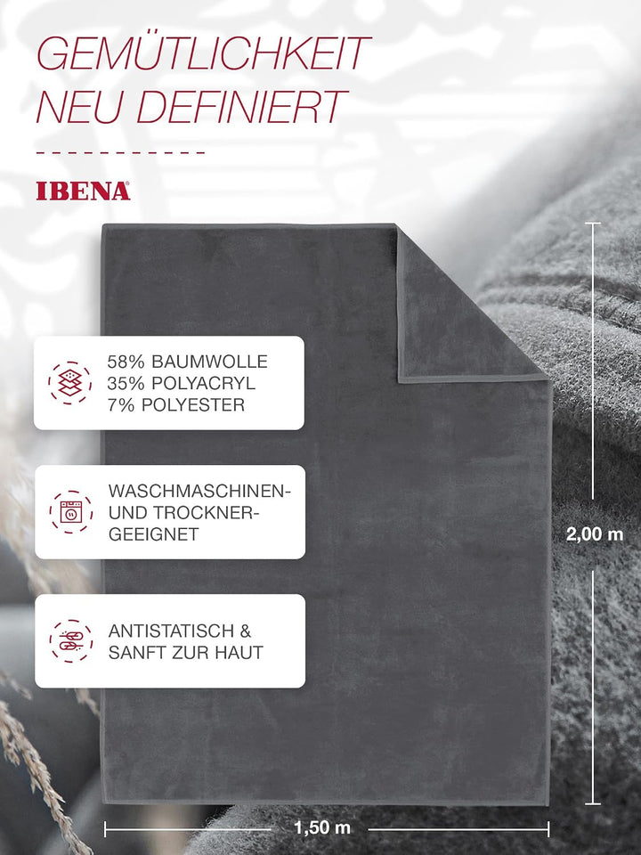 Ibena Porto Decke 150x200 cm – Baumwollmix weich, warm &amp; waschbar, Kuscheldecke grau einfarbig 150 x