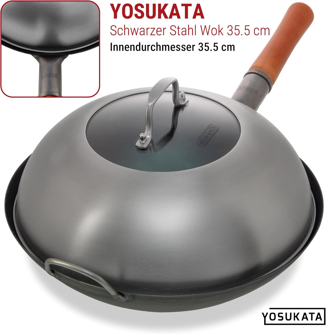 YOSUKATA Wokdeckel 13,6 Zoll Premium Edelstahl Wokabdeckung mit gehärtetem Glaseinsatz Dampflöcher u