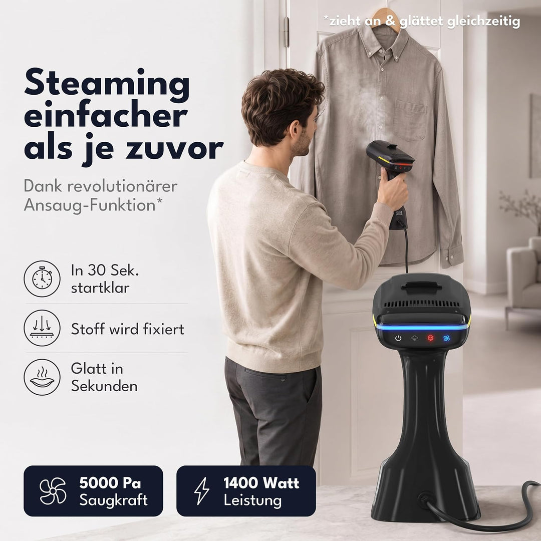 LEBENLANG 1400W Steamer Dampfglätter mit Saugfunktion - 5000pa &amp; 270ml Schwarz, Schwarz