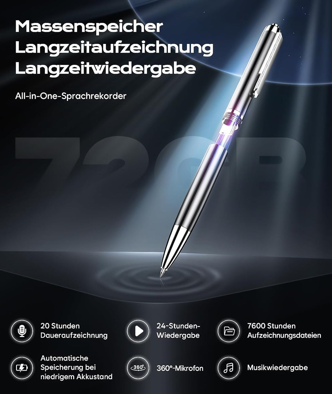 72GB Digitales Diktiergerät mit USB-C, 1800h Speicher Aufnahmegerät 72 GB, 72 GB