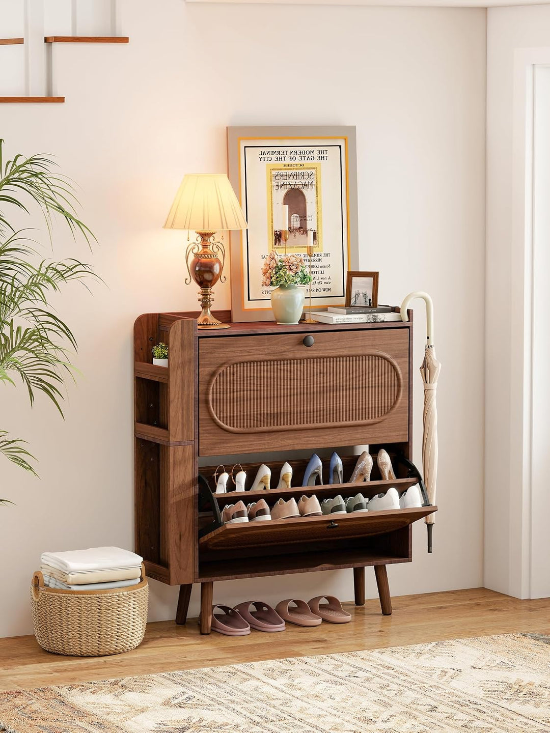 Schuhschrank Schmal mit 2 Klappen, Walnuss Nussbaum, Nussbaum