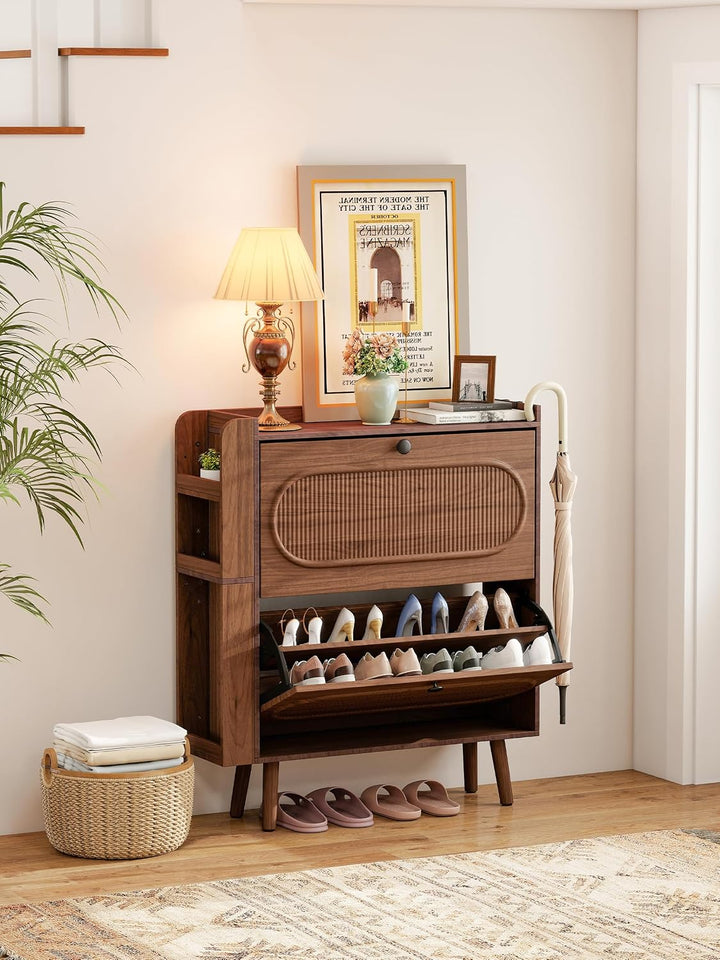Schuhschrank Schmal mit 2 Klappen, Walnuss Nussbaum, Nussbaum