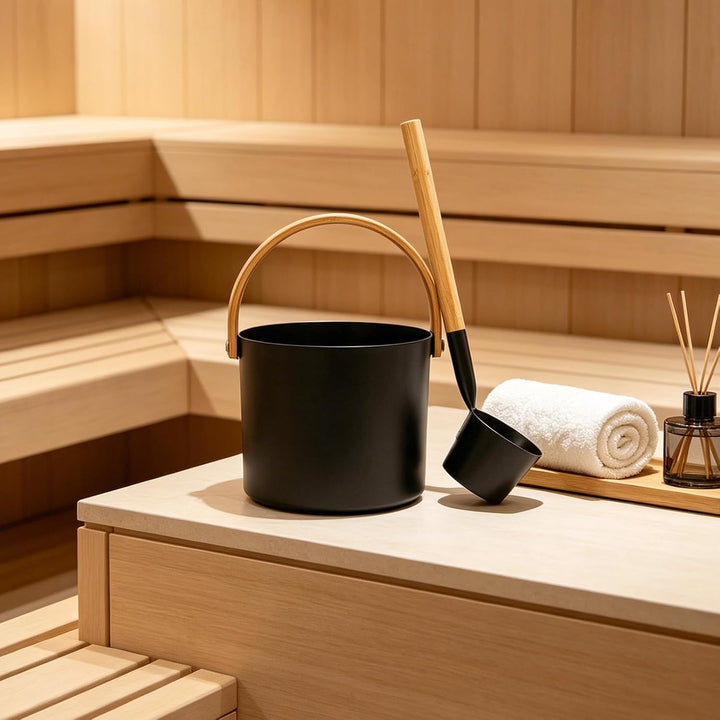 Sauna Eimer mit Kelle, Saunakübel Aufgusseimer Set Aluminium Bambus Schwarz