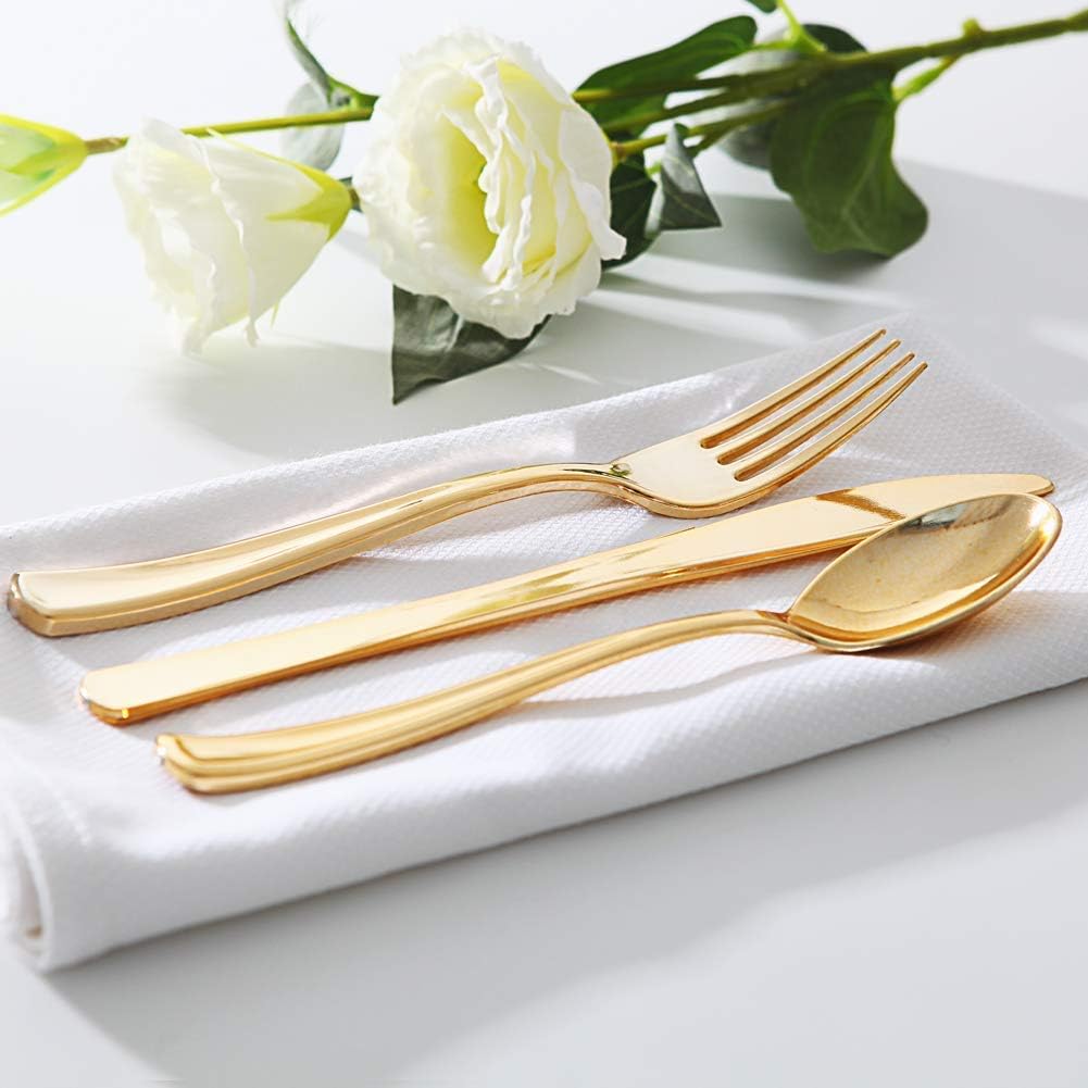 75 stücke Goldene Messer und Gabeln Löffel Wiederverwendbare Kunststoff Geschirr Set Geburtstag Part
