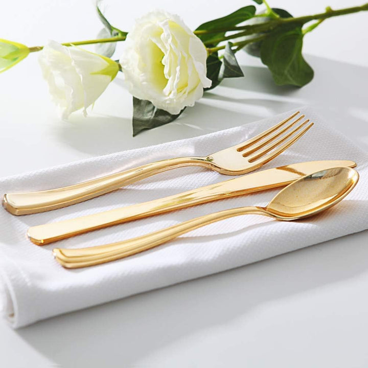 75 stücke Goldene Messer und Gabeln Löffel Wiederverwendbare Kunststoff Geschirr Set Geburtstag Part