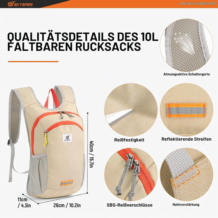 SKYSPER Faltbarer Rucksack 10L Klein Ultraleicht Tagesrucksäcke Wanderrucksack Reisenrucksack Trekki