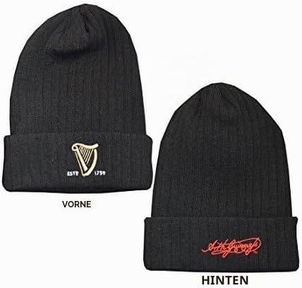 Guinness Gestrickte gerippte Beanie-Mütze mit gesticktem Text und Signatur, Schwarz, Einheitsgrösse