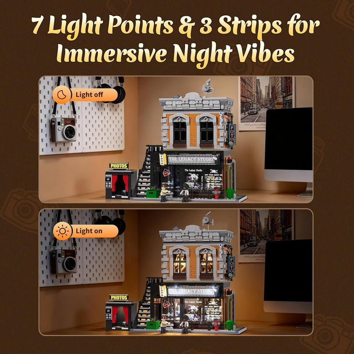Lumibricks Eck-Fotostudio Klemmbaustein-Set mit LED-Beleuchtung, 1425 Teile Modulares Eckgebäude für
