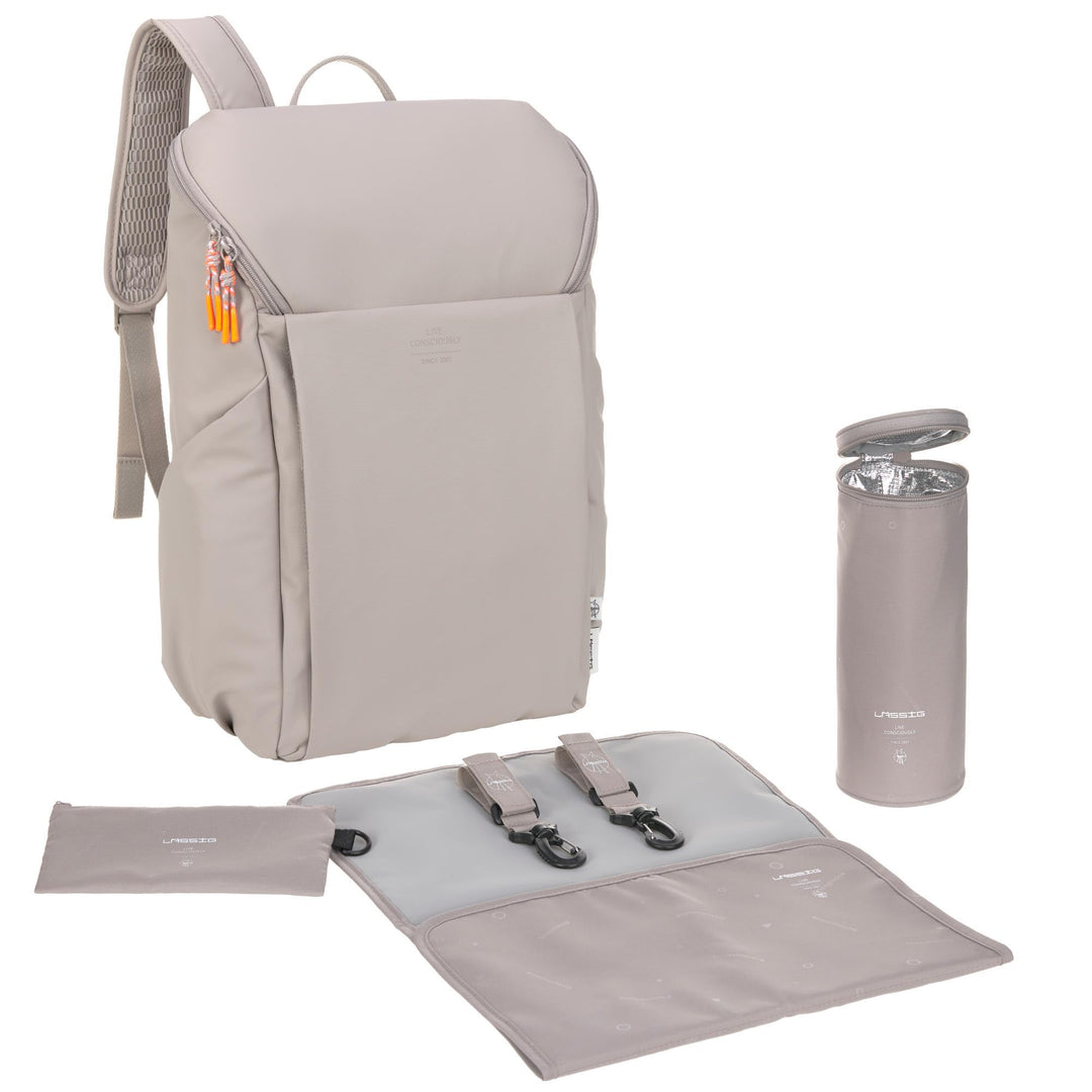 LÄSSIG Baby Wickelrucksack mit Wickelunterlage, Kinderwagenbefestigung und Flaschenhalter/GRE Slende