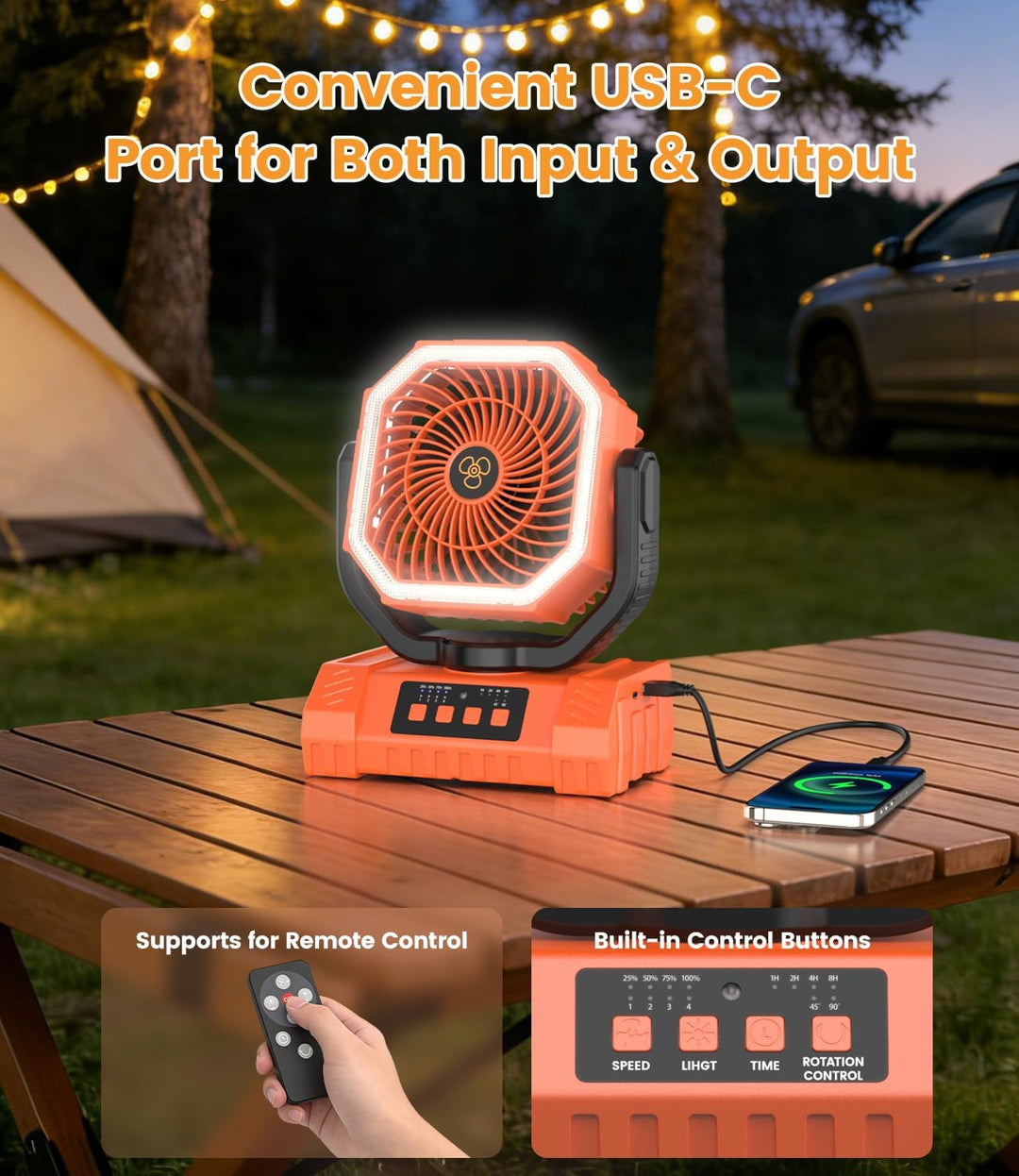 Camping Ventilator, 20000mAh Tragbarer Ventilator Akku mit LED Licht &amp; Fernbedienung, Haken, USB Ven