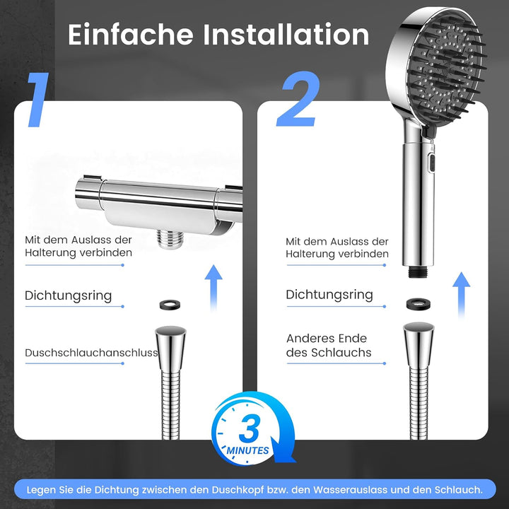 FEELSO Duschkopf mit 1,8 m Schlauch, grosse Duschfläche, 9 cm verlängerbar Silber, Silber