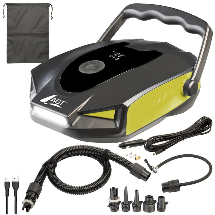 AGT SUP Akku Pumpe: 2in1-Akku-Kompressor- &amp; Schlauchboot-Pumpe, 50 psi /3,4 bar, 12V / USB (Luftpump