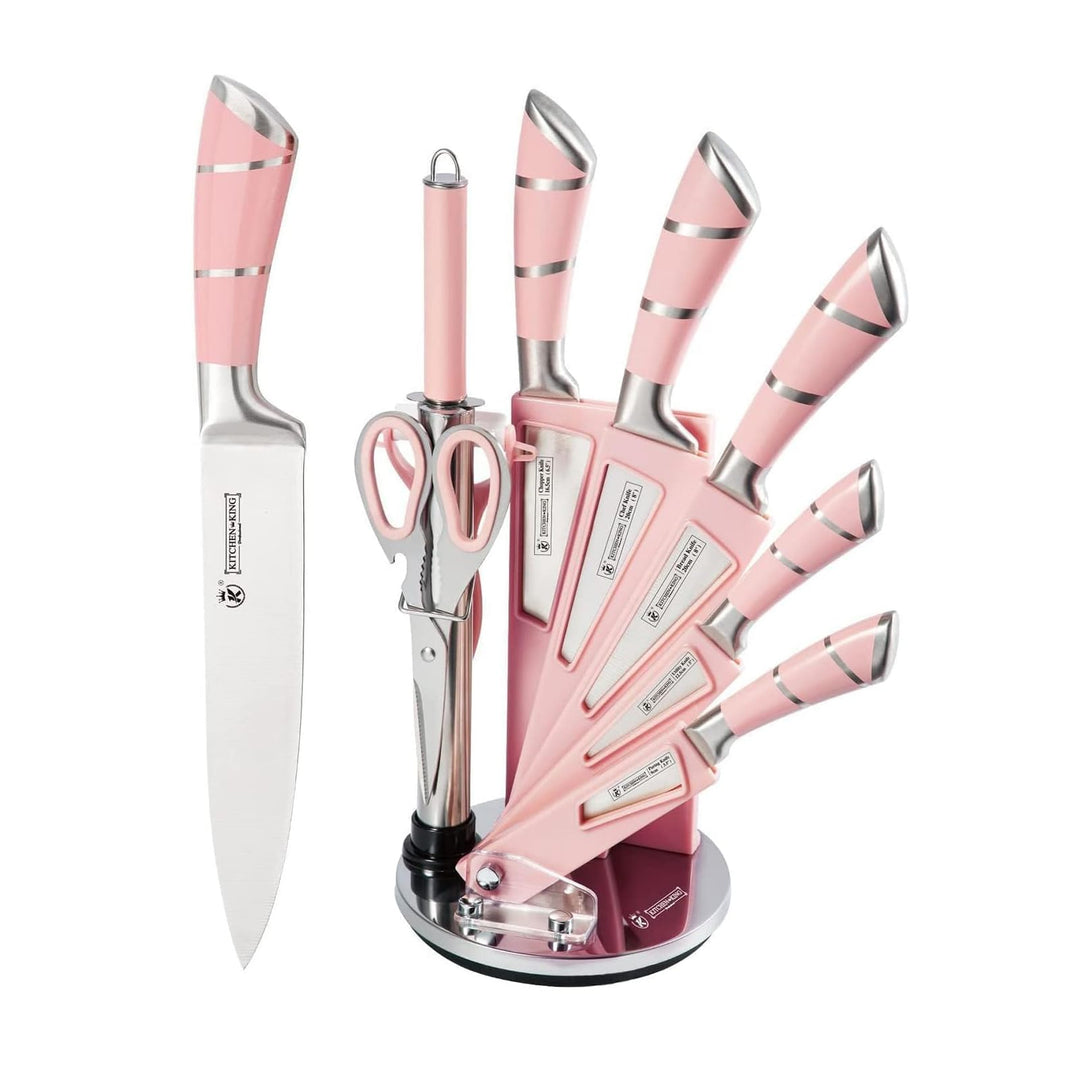 9-tlg Messerset mit Drehbare Acryl Messerblock, Rosa Sharp Antihaft Beschichtete Kochmesser Block Se