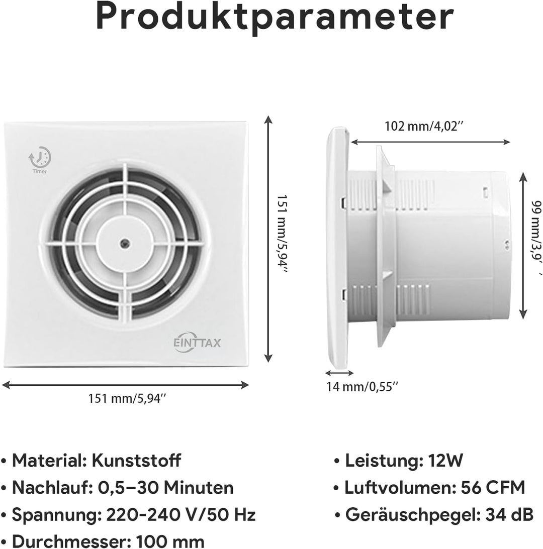 Badlüfter 100mm Abluftventilator Küche, mit Nachlauf und Rückstauklappe,130m³/h, IPX2 Wasserdicht, f