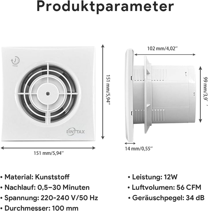 Badlüfter 100mm Abluftventilator Küche, mit Nachlauf und Rückstauklappe,130m³/h, IPX2 Wasserdicht, f