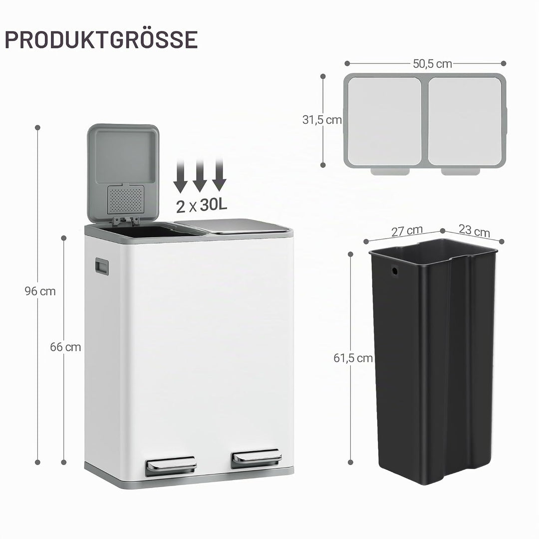 Hzuaneri Mülleimer Küche, Mülltrennsystem 2 Fächer 60 L (2 x 30 L), Edelstahl-küchenmülleimer, Tretm