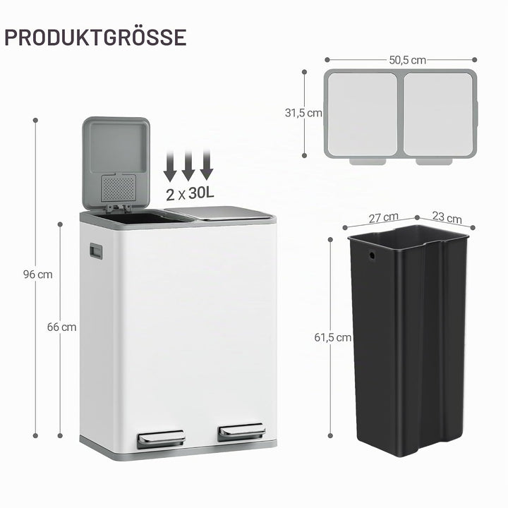Hzuaneri Mülleimer Küche, Mülltrennsystem 2 Fächer 60 L (2 x 30 L), Edelstahl-küchenmülleimer, Tretm