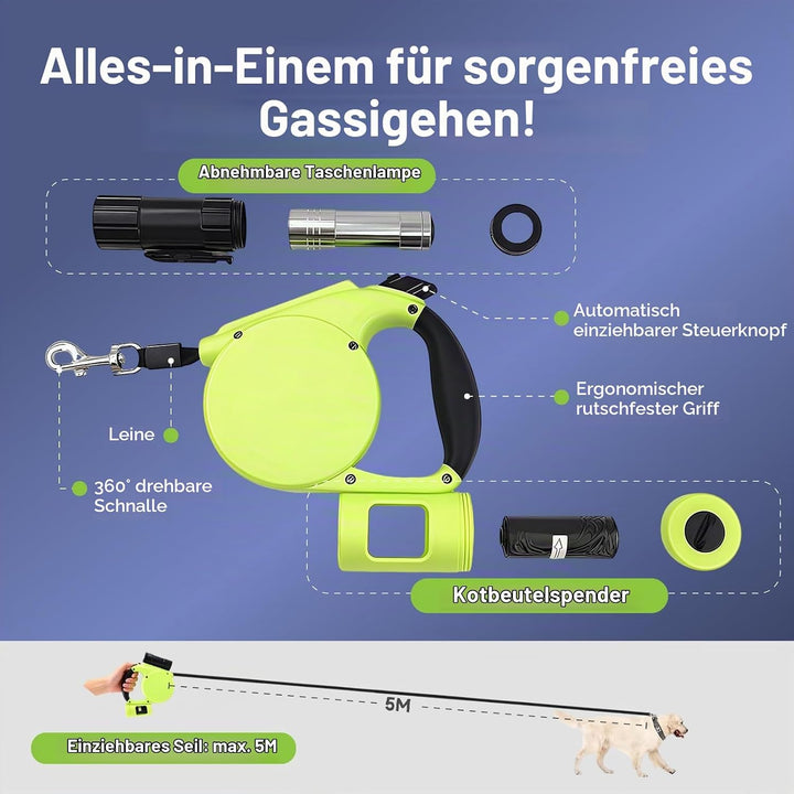 Hundeleine 5M mit Licht &amp; Kotbeutel Set,Rollleine Hunde Leine für Mittelgrosse &amp; Grosse Hunde (15-50
