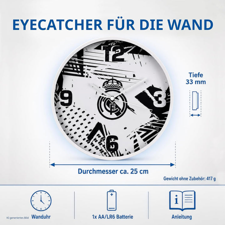Real Madrid Funky Wanduhr 25 cm mit leisem Quarzuhrwerk und Batterie